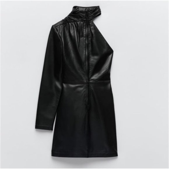 NWT Zara Asymmetric Genuine Real Leather One Sleeve Mini Dress size S - Picture 4 of 6